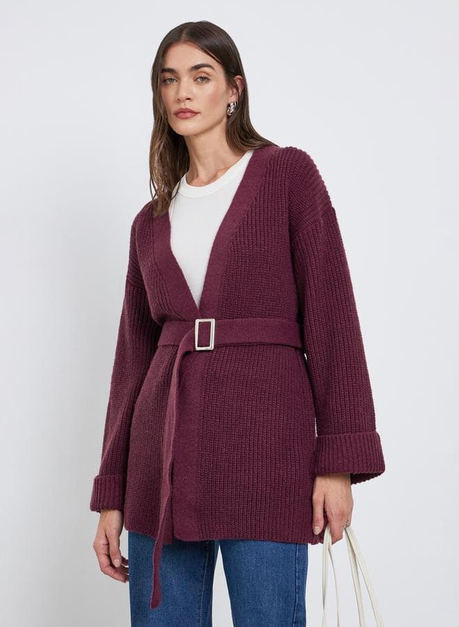 Burgundy Belted Knitted Cardigan - Image 1
