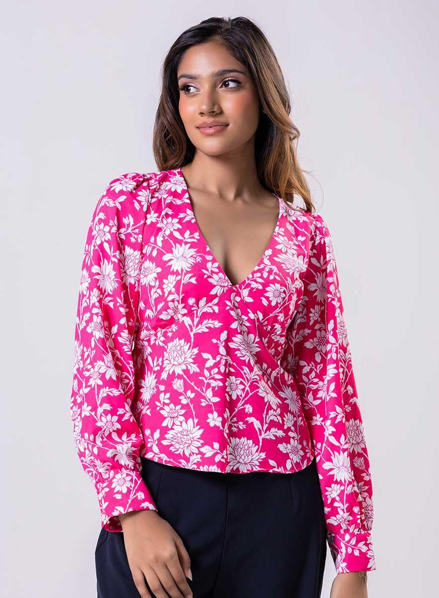 Pink Long Sleeve V Neck Chiffon Printed Top - Image 1