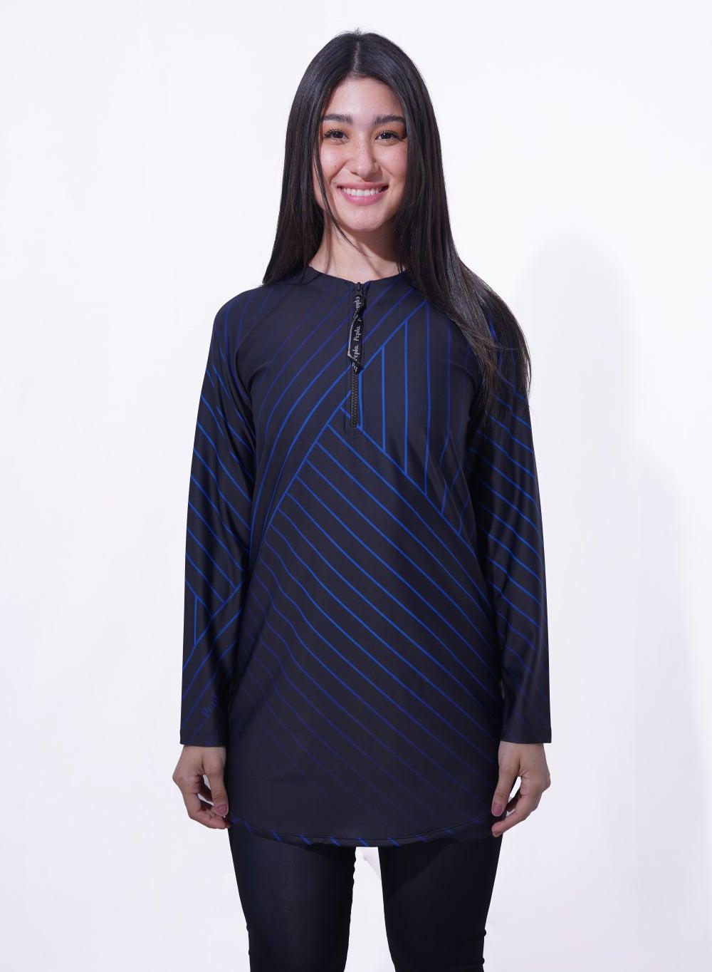 Black Stripe Long Rashguard Swimwear Top - Image 1