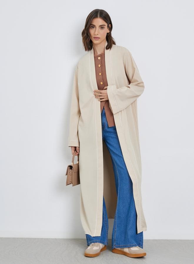 Women Beige Front Open Kimono with Pipping Detail - Image 1