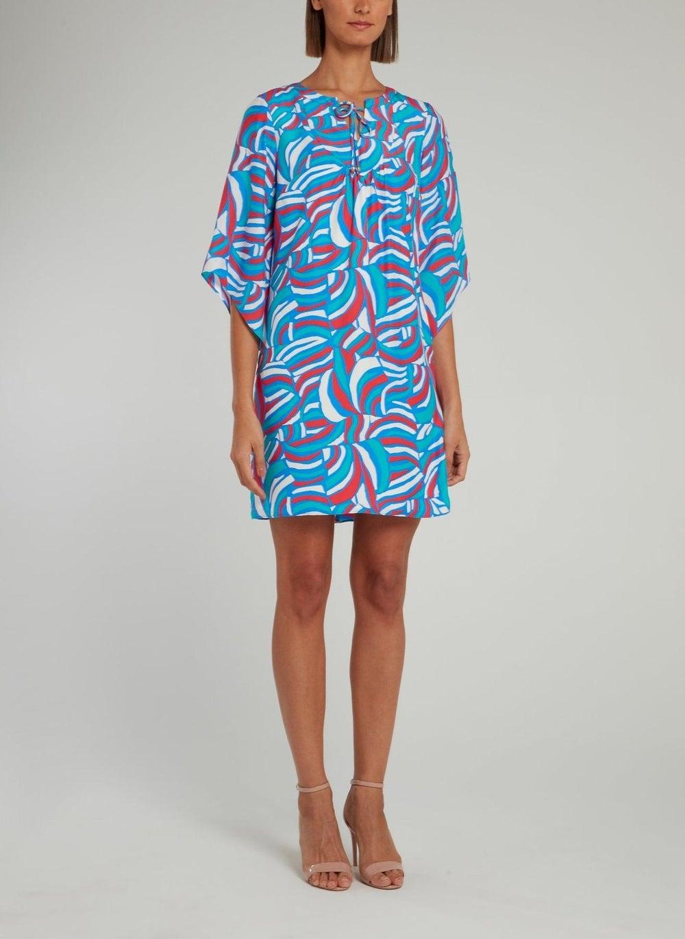 Blue Tie Half Sleeve Mini Shift Dress - Image 1