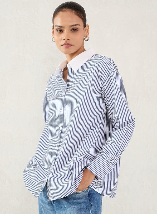 Femmella Navy Striped Contrast Collar Buttoned Shirt - Image 1