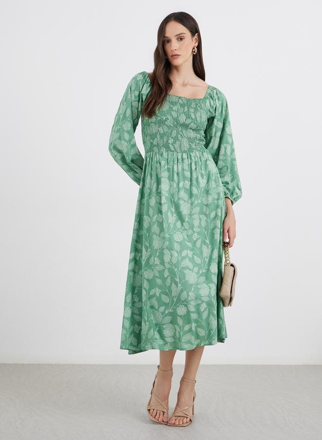 All Over Print Square Neck Midi Dress - Image 1