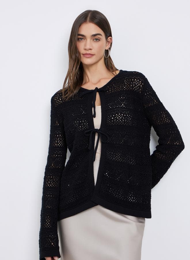 Styli Black Crochet Knit Tie-Front Tunic Top - Image 1
