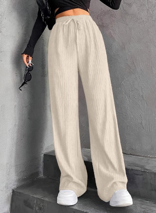 Textured Elastic Waist Drawstring Wide Leg Pants - Image 1