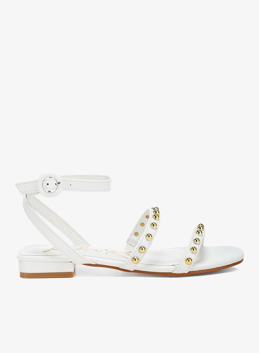 Off White Studded Ankle Strap Flat Sandals - Image 1
