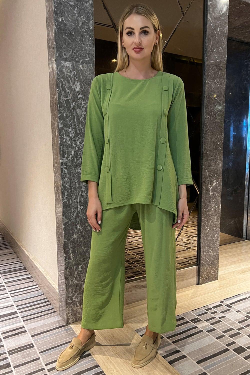 Crew Neck Button Detail Two-Piece Pants Set - Image 1