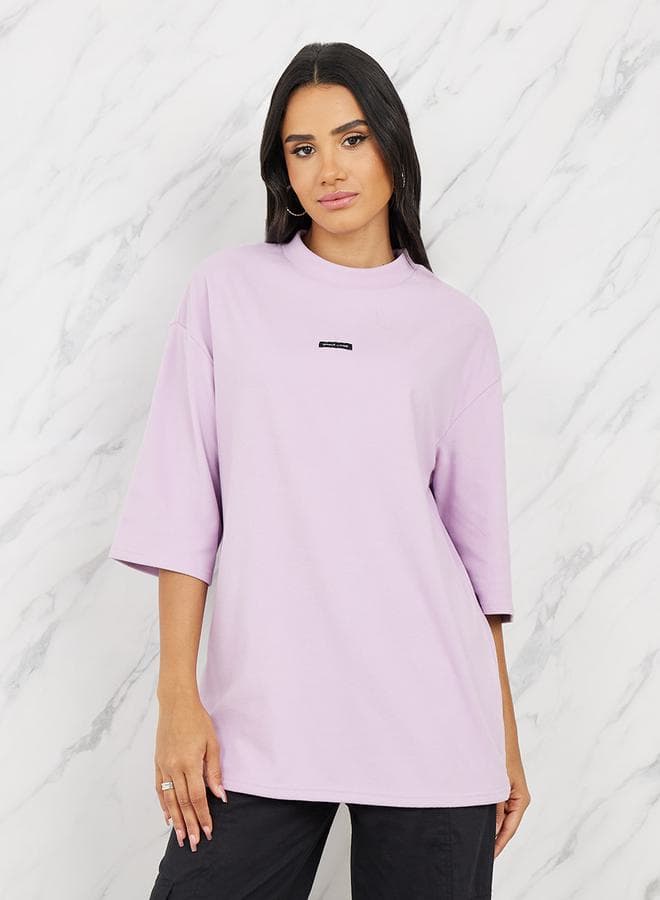 Oversized High Neck Longline T-Shirt with Patch Detail - Image 1