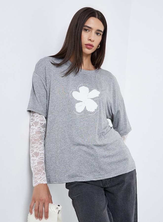Styli Grey Graphic Print Lace Sleeve Oversized T-Shirt - Image 1