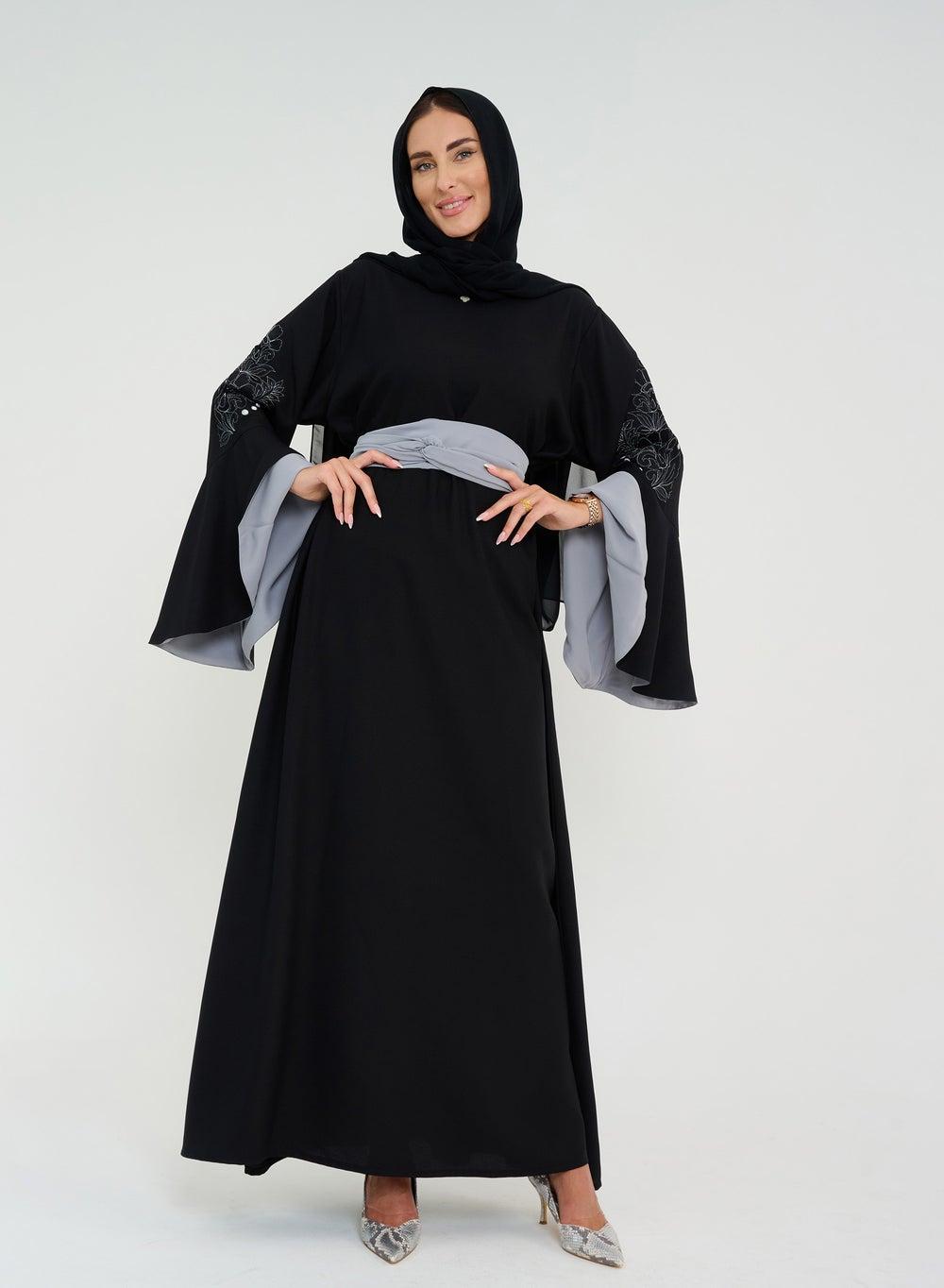 French Cut Black Abaya with Embroidered Flowing Sleeves - Image 1
