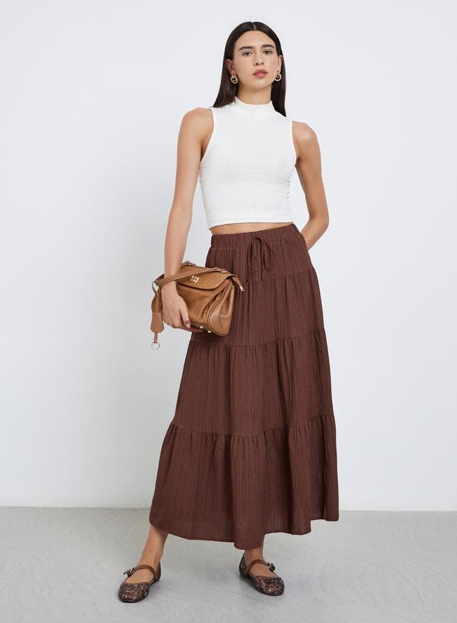 Brown Solid Tiered Maxi Skirt - Image 1