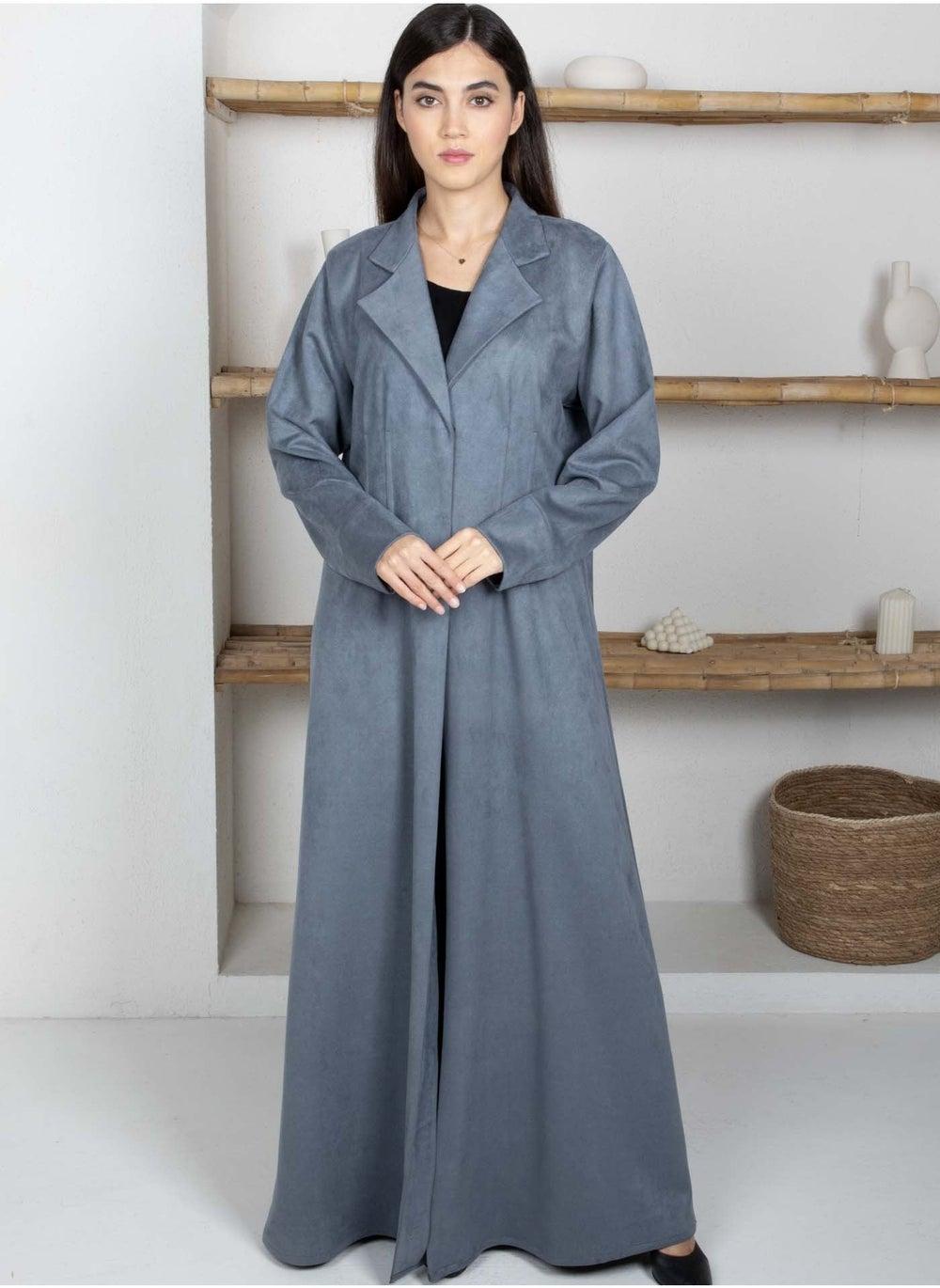 Grey Suede Abaya with Lapel Collar for Winter - Image 1