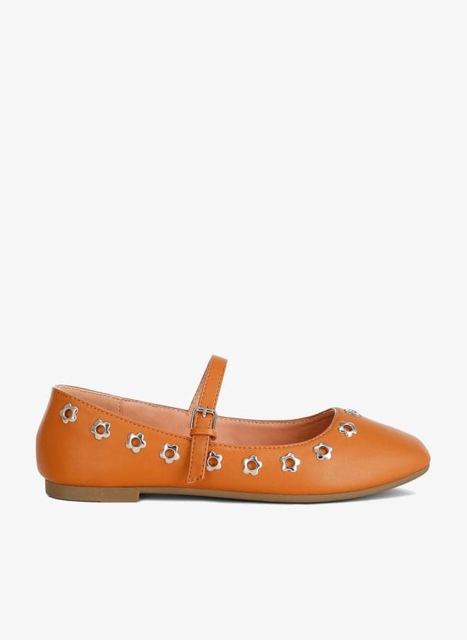 Tan Floral Eyelet Strapped Ballerinas - Image 1