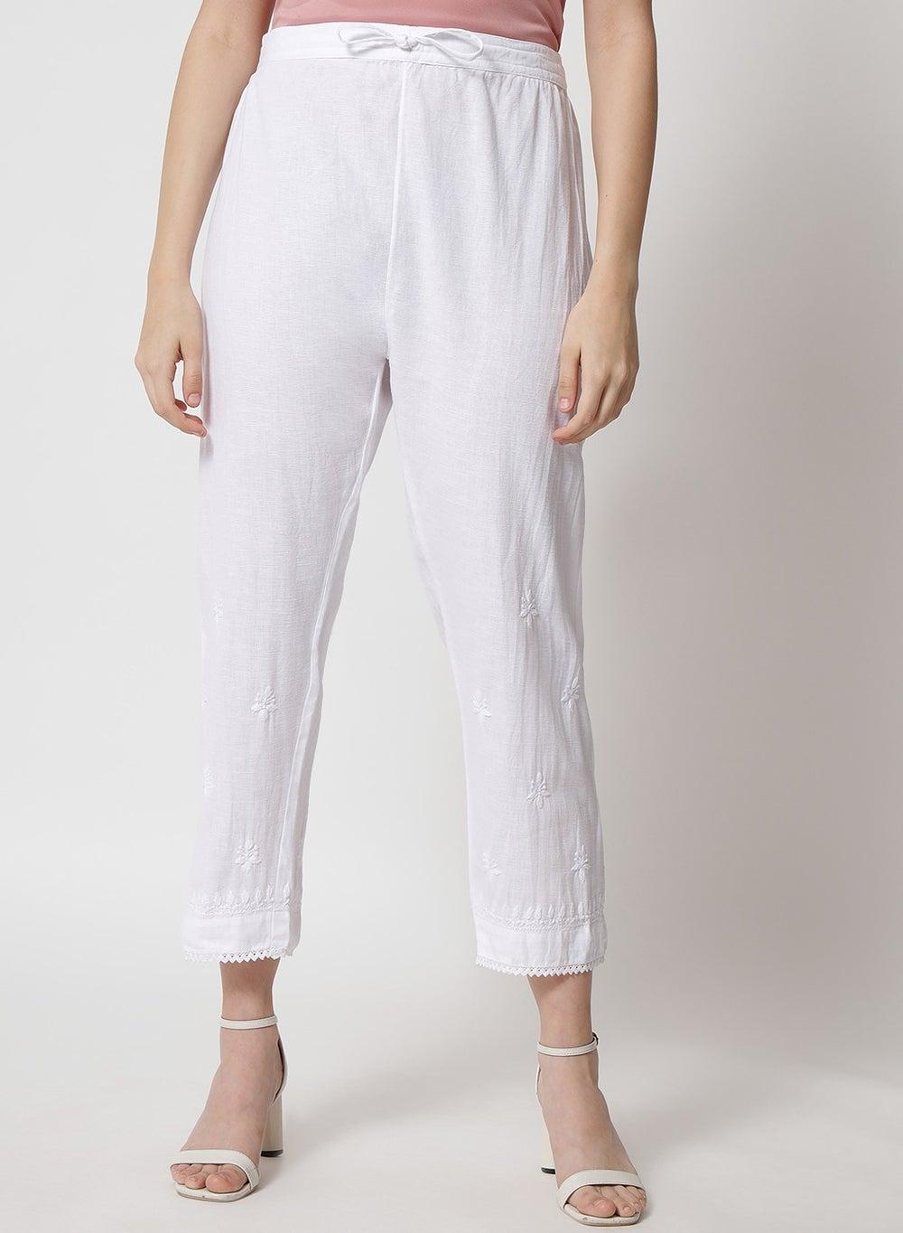 Hand Embroidered Chikankari White Cotton Pant AL3539 - Image 1