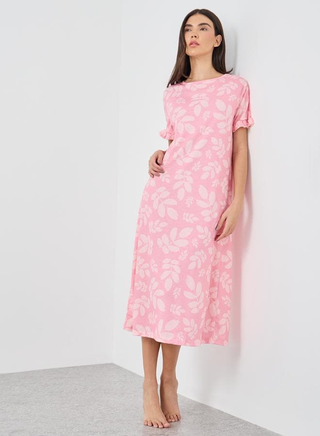 Ruffle Sleeve Leafy Print Sleep T-Shirt Dress - Image 1