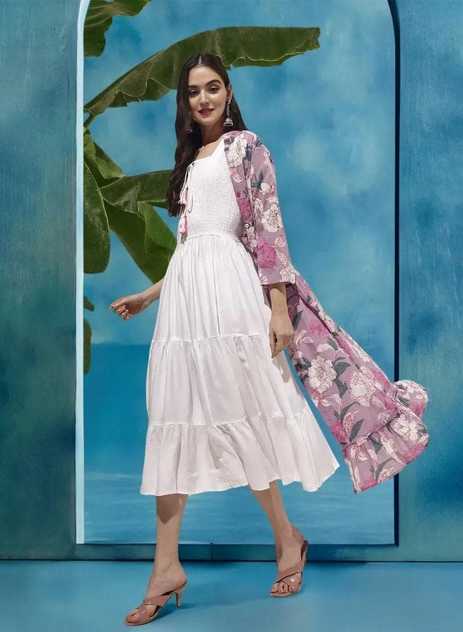 Women's White Rayon Solid Relaxed Maxi Smock Dress - Image 1