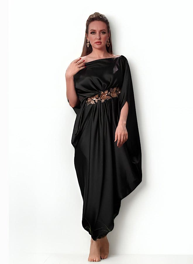 Embellished Pleated Maxi Dress with Convertible Neck Tie - Image 1
