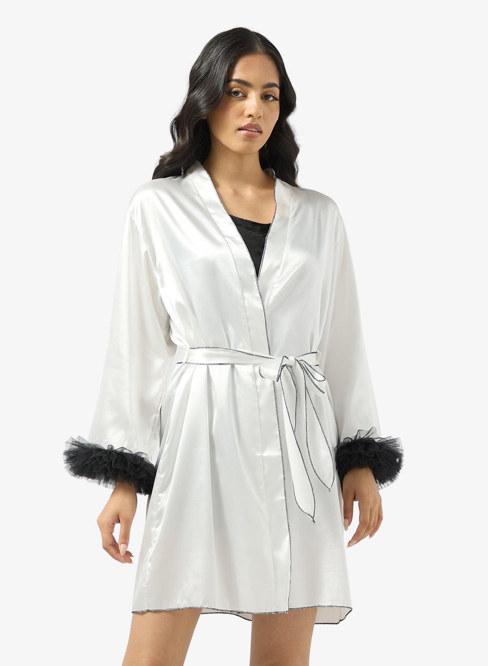 Satin Robe with Feather Detail - Image 1