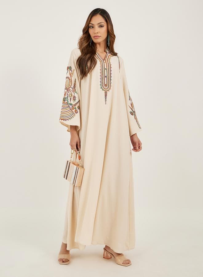Cream Embroidered Stand Collar Jalabiya - Image 1