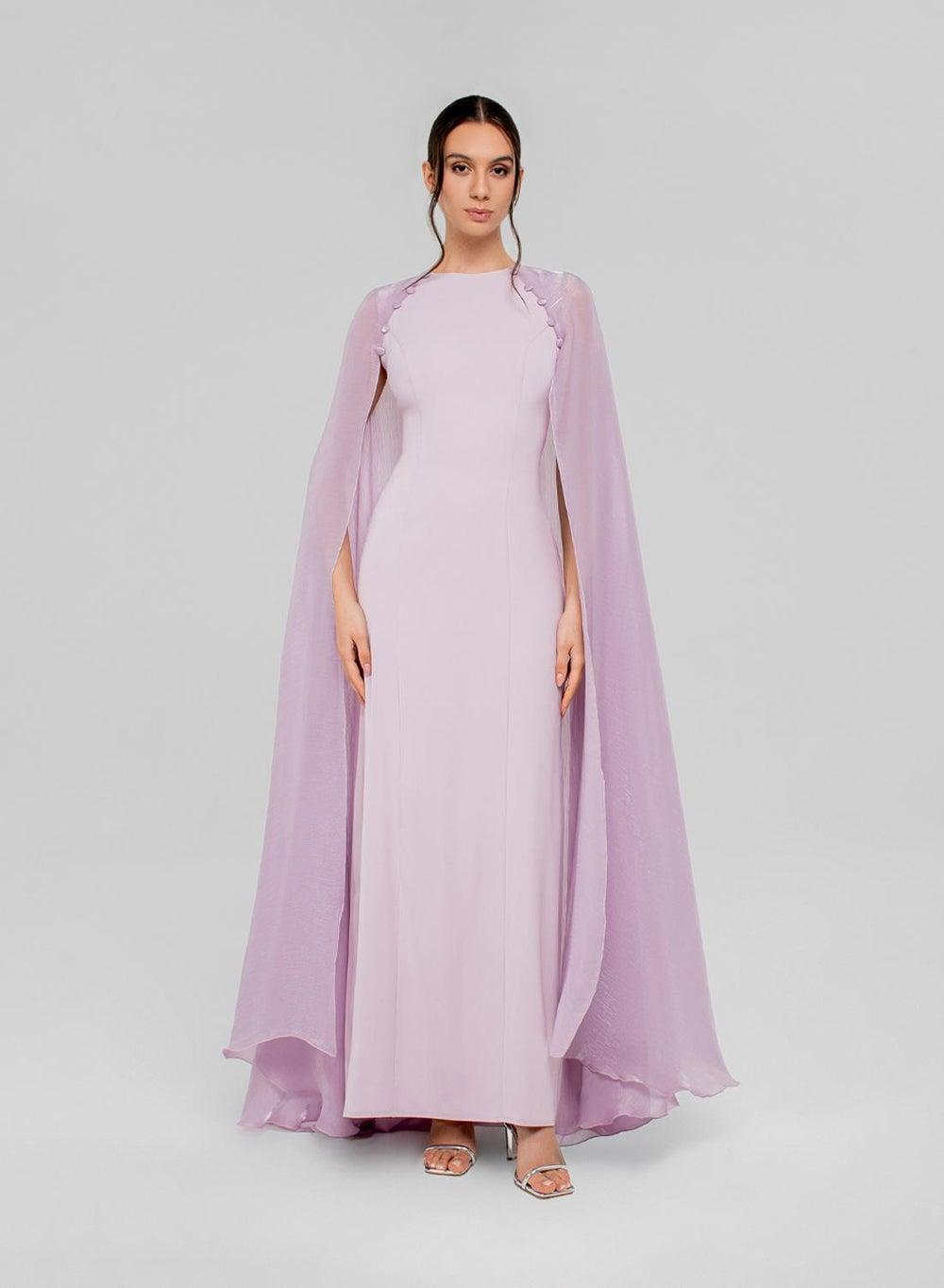 Zareen Champagne Beige Satin Cape Dress - Image 1