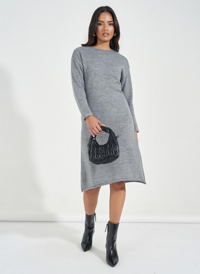 Gray Knit Midi Dress with Long Sleeves - Image 1