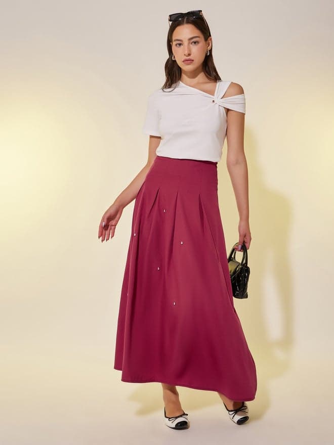 Embellished Pleated A-Line Maxi Skirt - Image 1