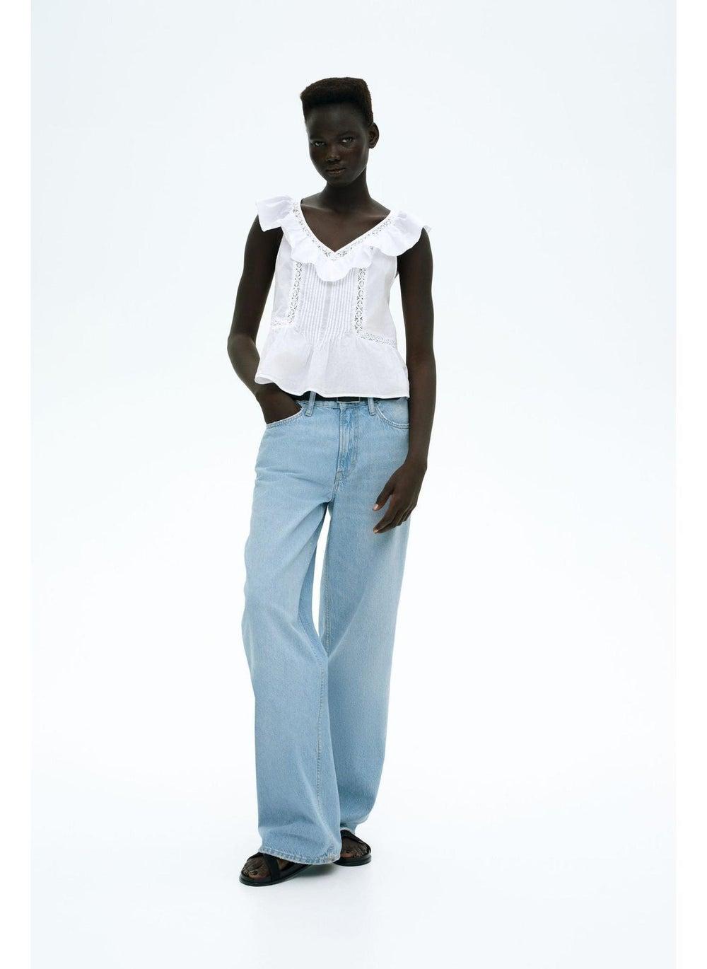 Frill-Trimmed Cotton Vest Top with Lace Insets - Image 1