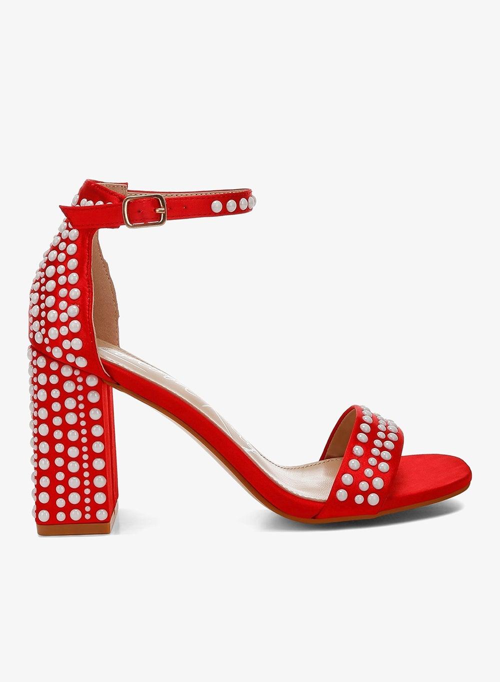 Pearls Embellished Red Satin Heeled Sandals - Image 1