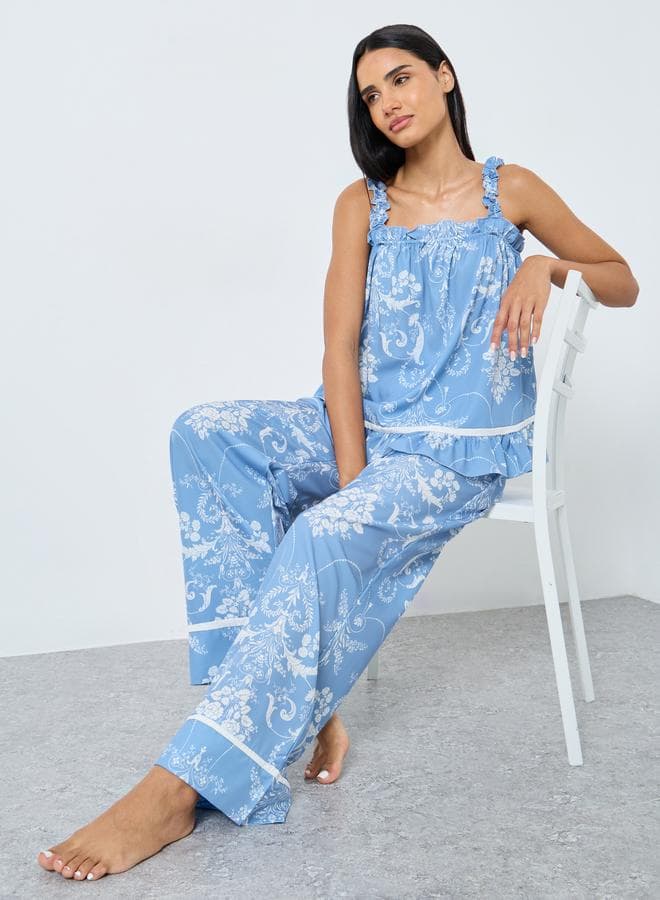 Styli Damask Ruffled Hem Tank Pyjama Set - Image 1