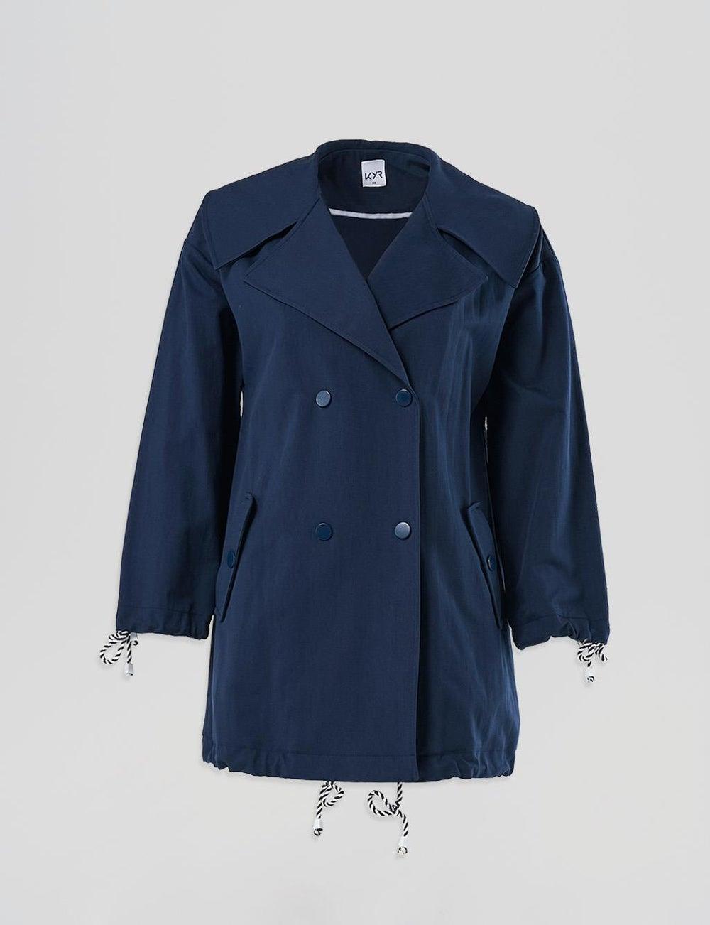 Buttoned Wide Collar Dark Navy Trench Coat - Image 1