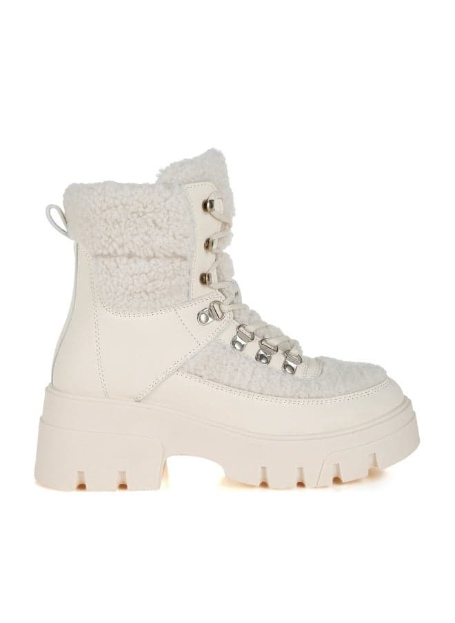Beige Faux Fur Chunky Hiker Ankle Boots - Image 1