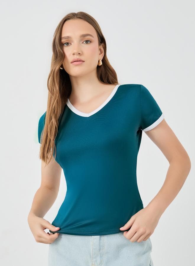 Solid V-Neck Short Sleeve T-Shirt - Image 1