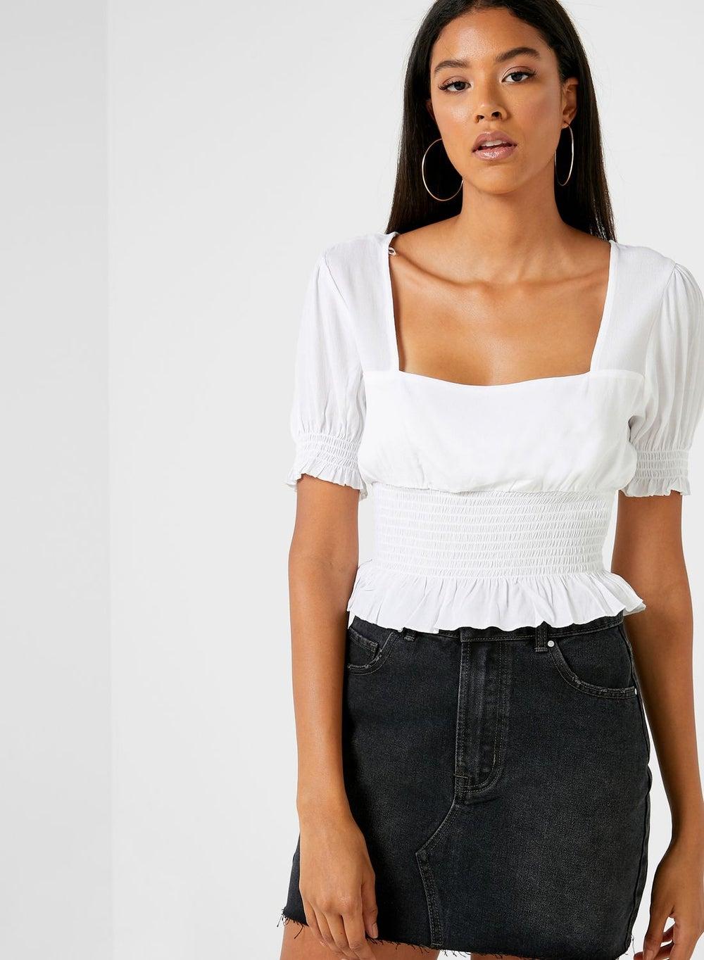 Shirred Waist Square Neck Crop Top - Image 1