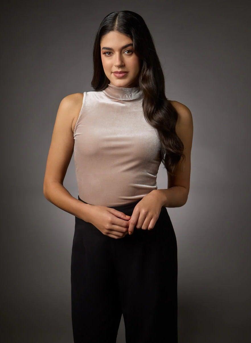 Beige High Neck Sleeveless Velvet Top - Image 1