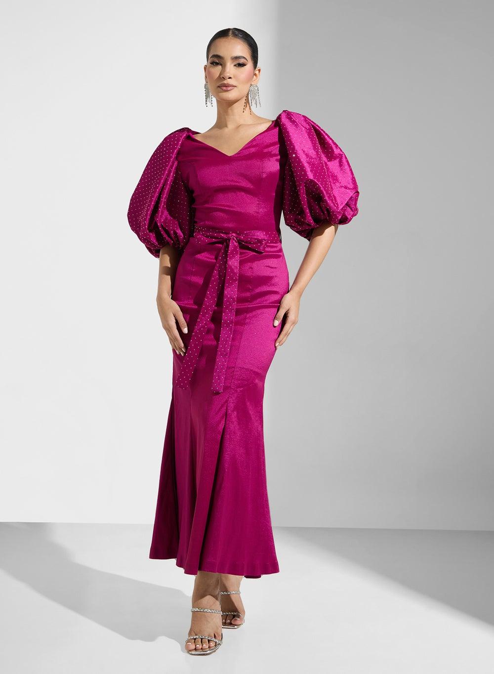 Magenta Satin Balloon Sleeve Maxi Dress - Image 1