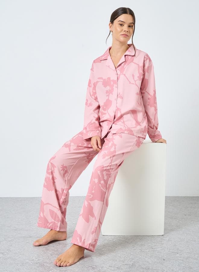 Styli Tonal Floral Print Shirt and Pyjama Set - Image 1