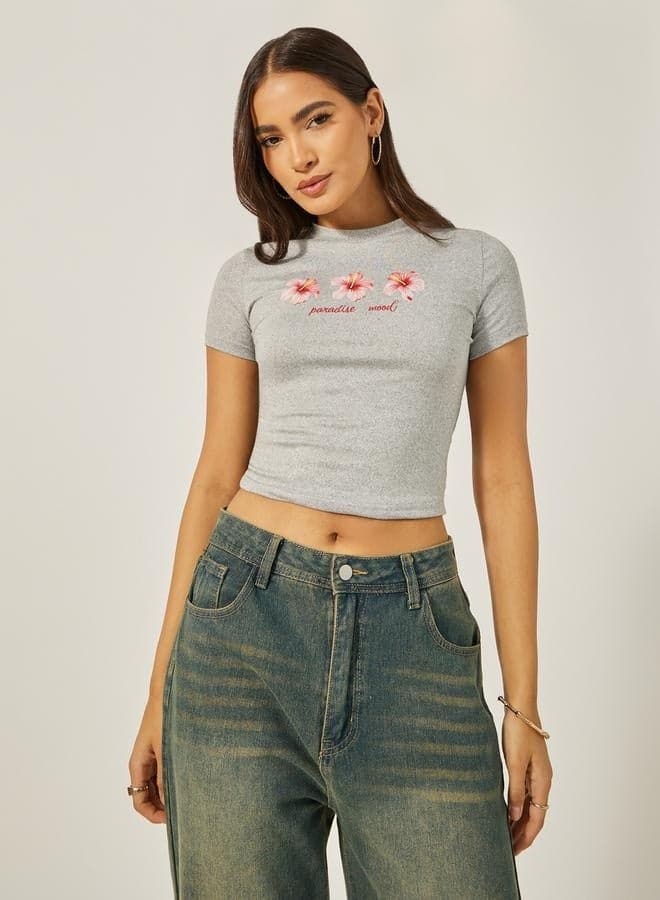Mini Floral Graphic Print Fitted Crop T-Shirt - Image 1