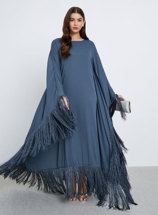 Blue Solid Tasselled Trim Kaftan Maxi Dress - Image 1