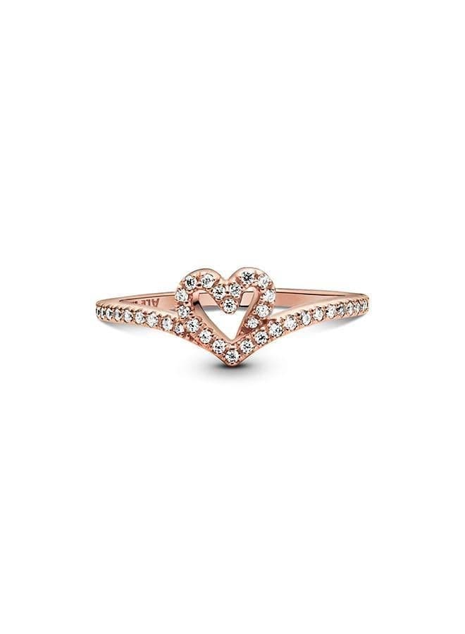 Sparkling Wishbone Heart Ring in 14k Rose Gold Plating - Image 1