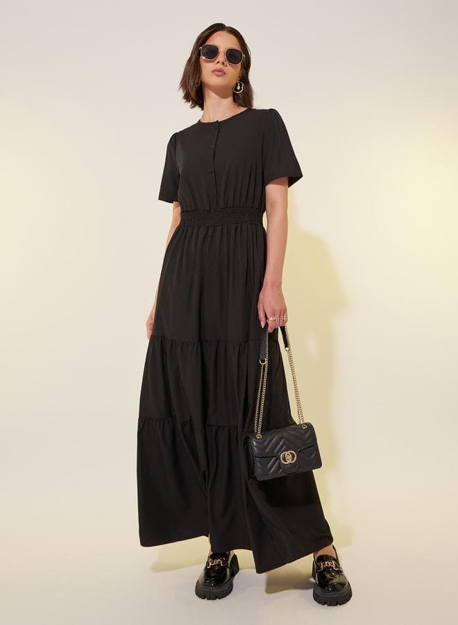 Tiered Black Maxi Dress with Elasticated Waist - Image 1