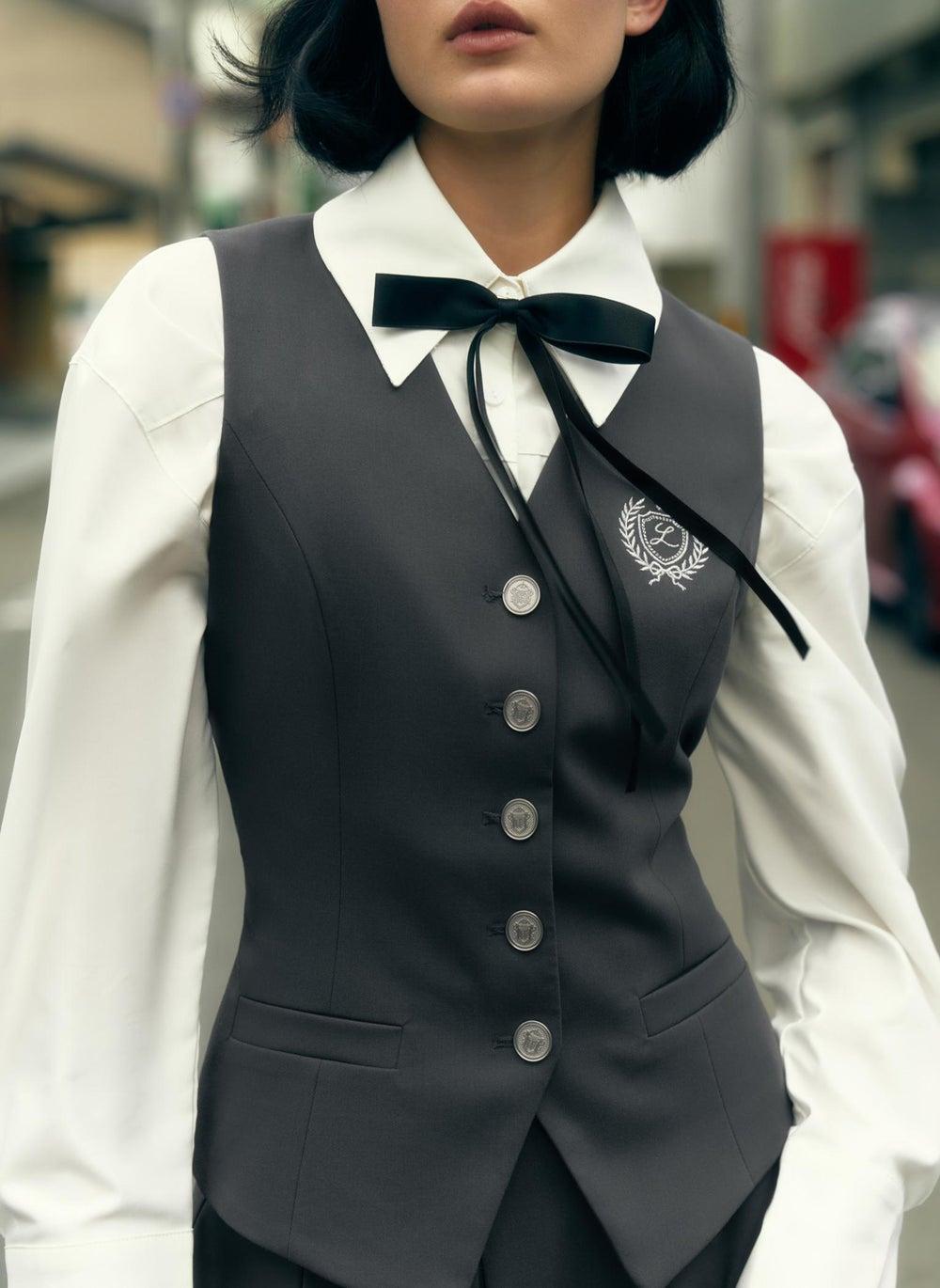 Embroidered Fitted Waistcoat with Metal Buttons - Image 1