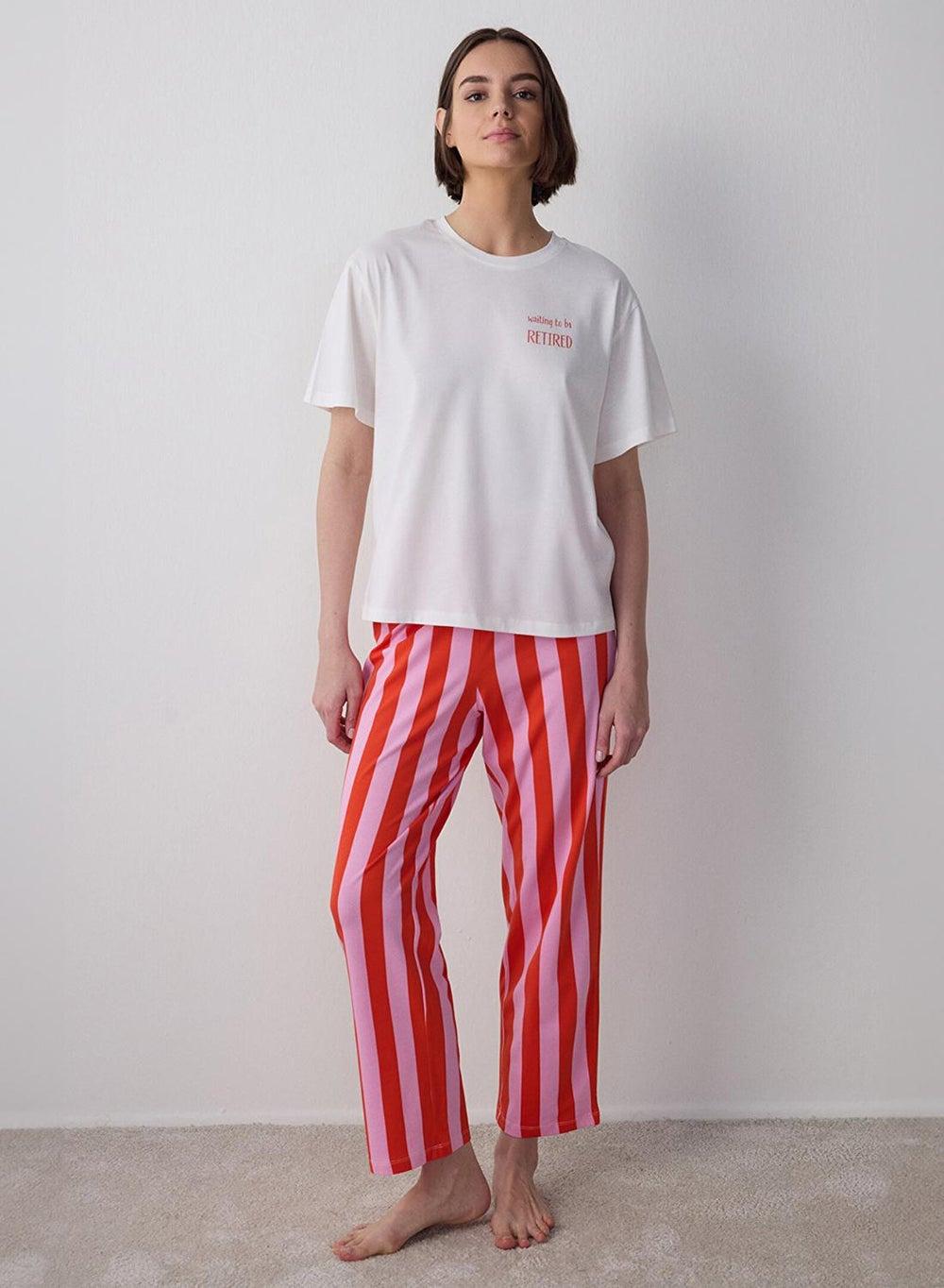 Penti Coral Mercan Striped Cotton Crew Neck Pyjama Set - Image 1