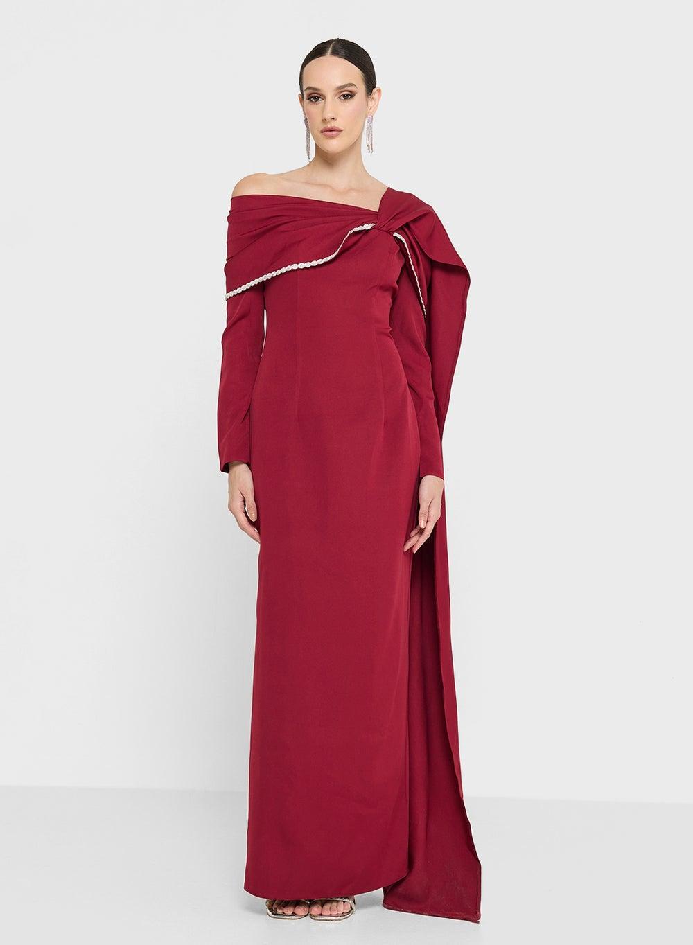 Off Shoulder Embellished Drape Maxi Dress - Image 1