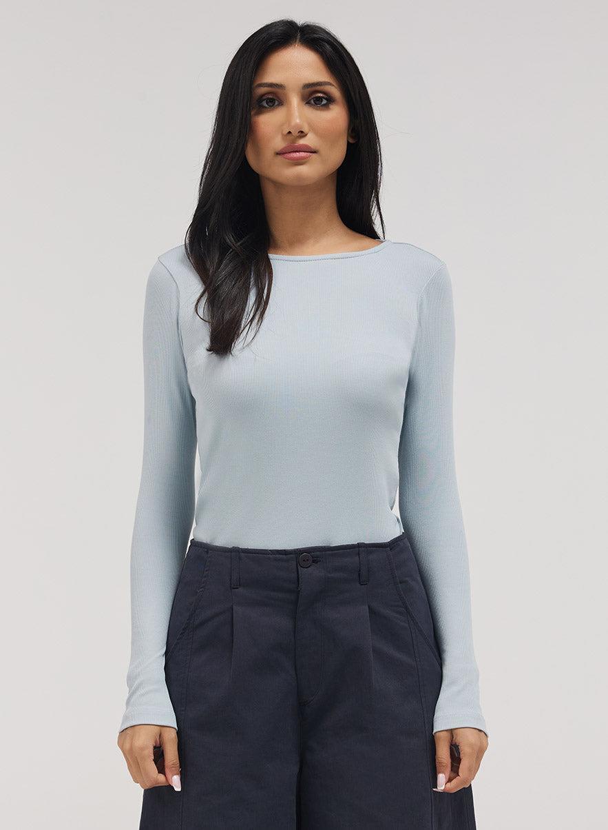 Pale Blue Rib Long Sleeve Bodysuit Top - Image 1