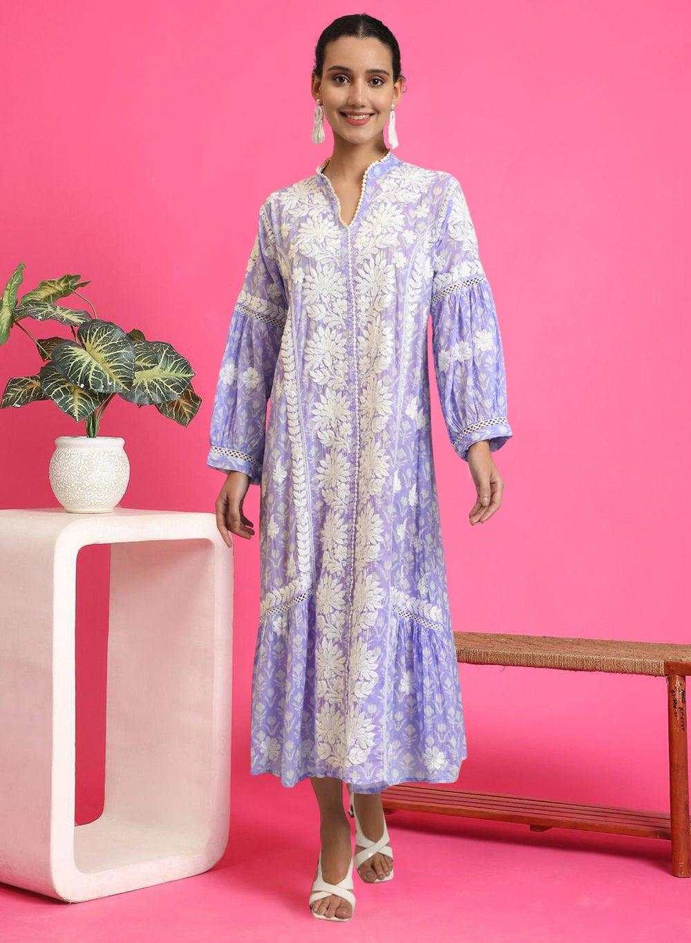Hand Embroidered Chikankari Mulmul Cotton Printed Jalabiya AL4053 - Image 1
