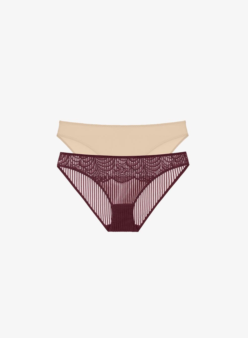 Lace Brief Two-Pack in Burgundy and Beige - Image 1
