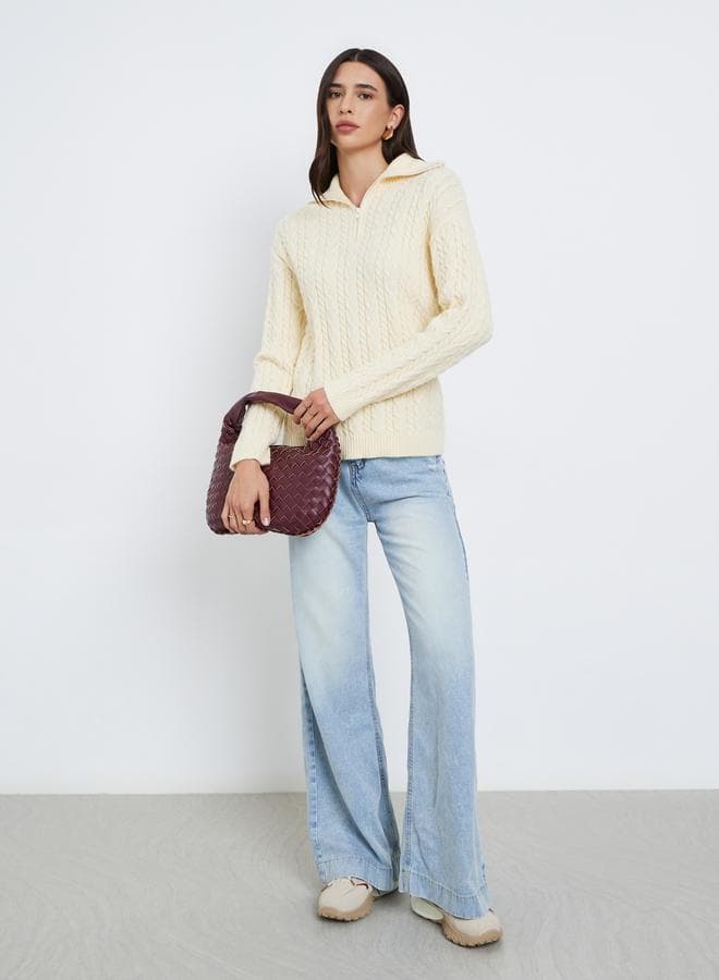Styli Cream Cable Knit Quarter Zip Sweater - Image 1