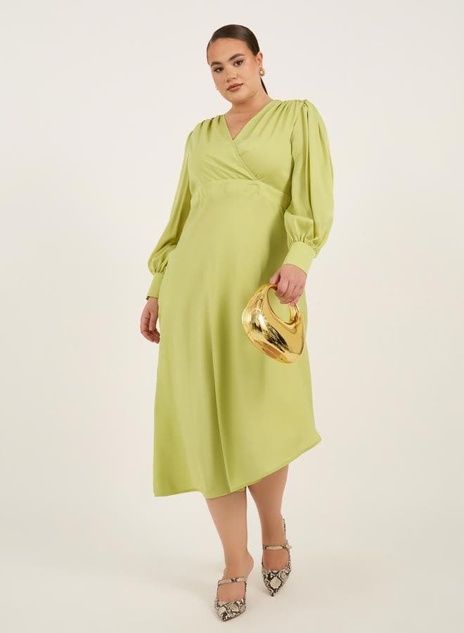 Green Empire Midi Dress with V-Neck and Long Sleeves - Image 1