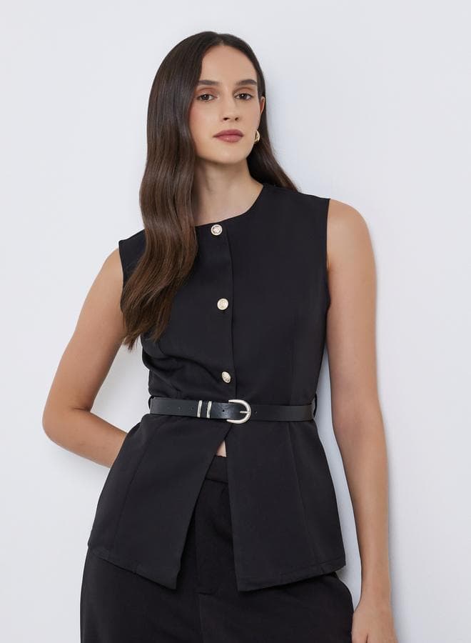 Styli Round Neck Buttoned Waistcoat with Belt - Image 1