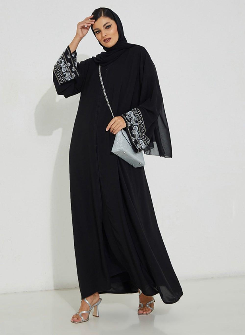 Wide Pearl Sleeve Open Abaya - Image 1